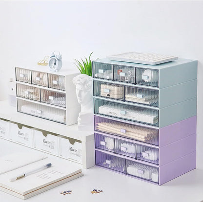 Desk Drawer Organizer, Stackable Plastic Storage Drawer, Grocery Organizer For Stationery/Office Supplies (Blue, 3 Compartment)