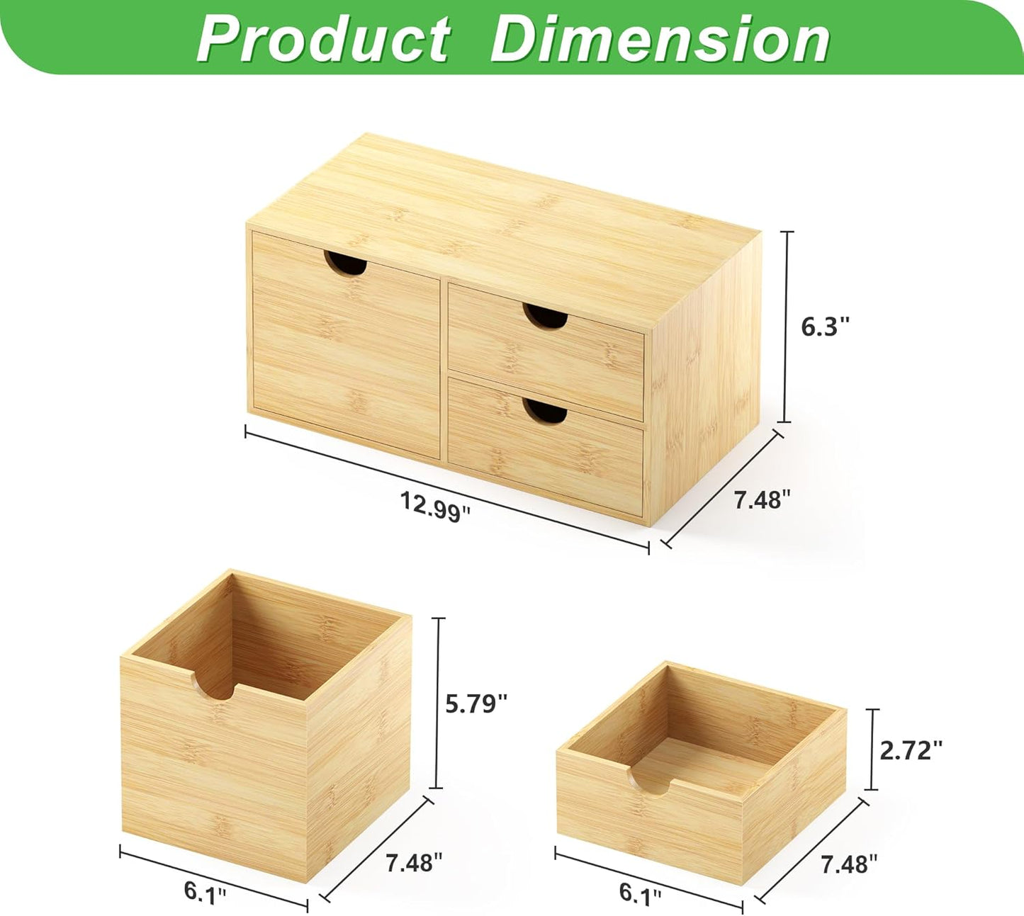 Wisuce Desk Organizer with Drawers - Bamboo Desktop Organizer Storage Natural Wood Desk Drawers Organizer for Bills, Office Supplies, Cosmetics, Seals No Assembly Required 3 Drawers（left-right)