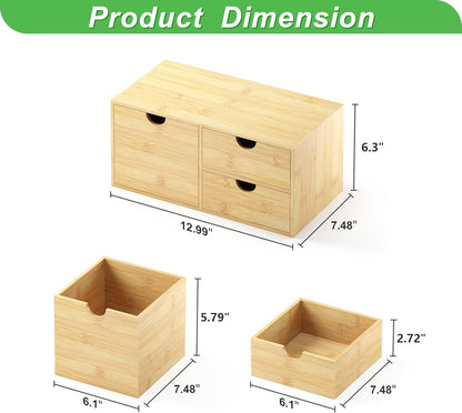 Wisuce Desk Organizer with Drawers - Bamboo Desktop Organizer Storage Natural Wood Desk Drawers Organizer for Bills, Office Supplies, Cosmetics, Seals No Assembly Required 3 Drawers（left-right)