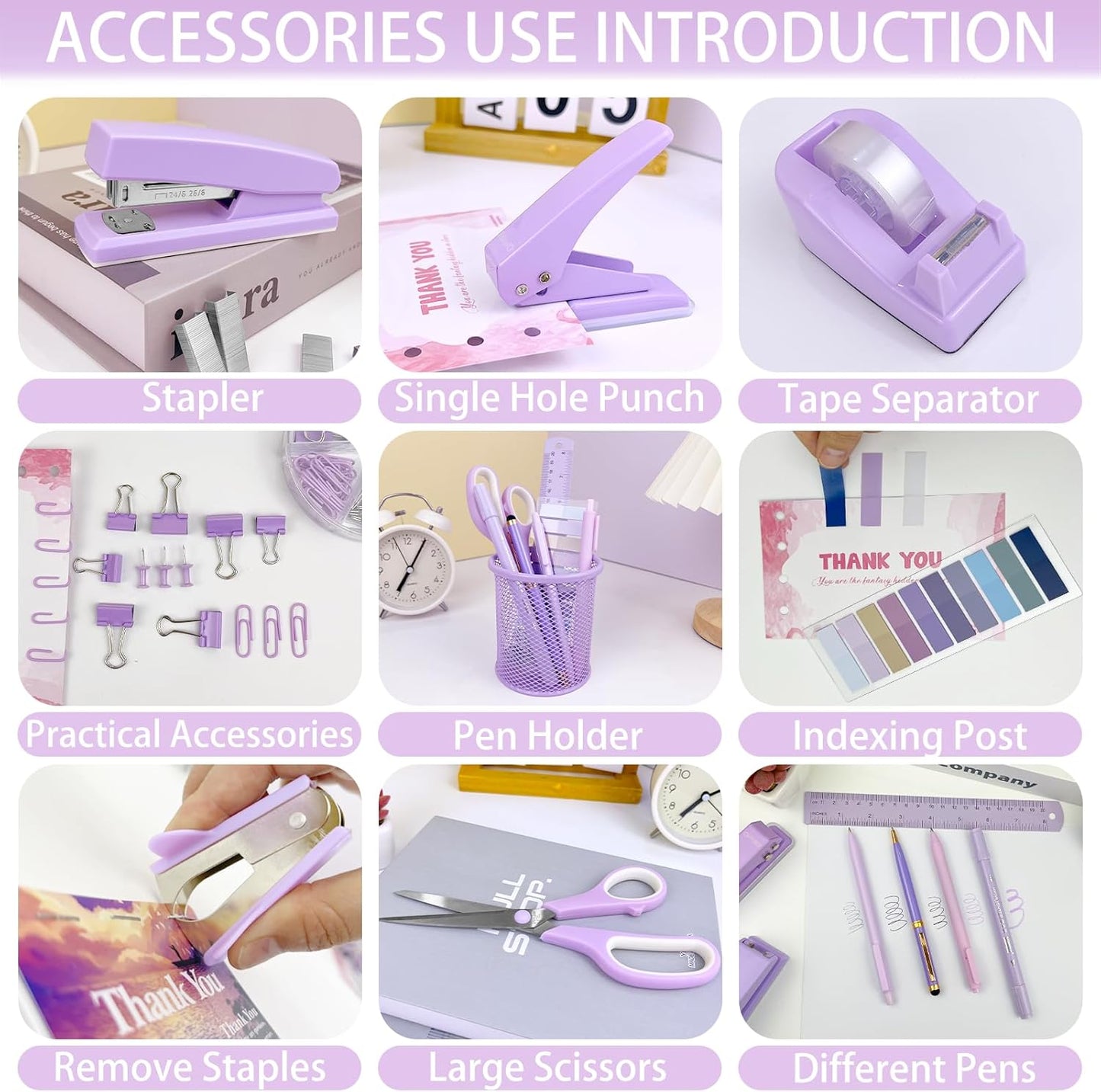 Purple Desk Accessories, 17Pcs Purple Office Supplies Set with Stapler, Mesh Desk Organizer, Tape Dispenser, Staple Remover, Pen Holder, Clips, Pens, Ruler, for Office Home School Women Students Gift