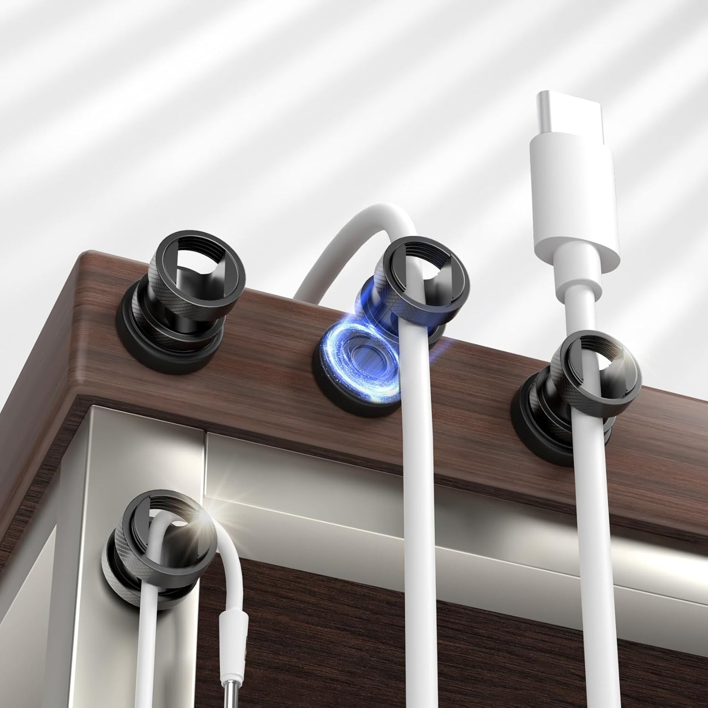 Maveek Metal Magnetic Cord Holder, Magnet Cable Clips Stainless Steel Adjustable Cord Organizers for Desk Nightstand Car Office Charging Wires USB C Laptop Earphone Audio Cords (4 Pack)