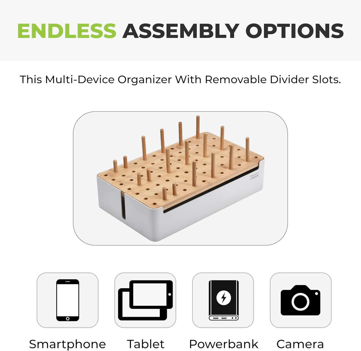 Prosumer's Choice Wooden Charging Station Organizer - 5-Port Base for Phones, Tablets and Laptops - Multi-Device Docking Station with Removable Divider Slots - Cord Box with Cable Management - Bamboo