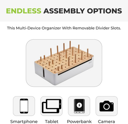 Prosumer's Choice Wooden Charging Station Organizer - 5-Port Base for Phones, Tablets and Laptops - Multi-Device Docking Station with Removable Divider Slots - Cord Box with Cable Management - Bamboo