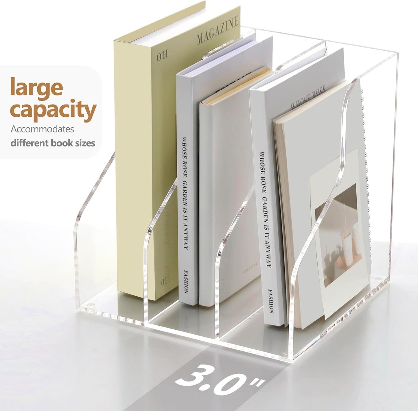 SANRUI Acrylic Magazine Holder Desk Organizer Workspace Sorters，Clear Bookend File Sorter Holder，Folder Rack, Office Accessories Organization Storage with 3 Vertical Compartments