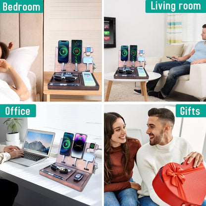 Wood Phone Docking Station with Drawer Nightstand Organizer for Men Dual Phone Charging Station for iPhone Samsung Google Desk Organizers Anniversary Birthday Gifts for Men Dad Him Husband