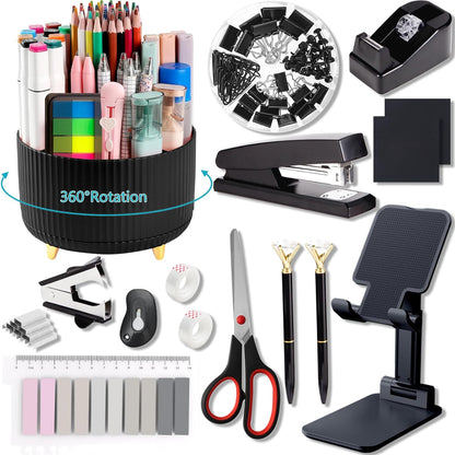 suniya Office Supplies,Gold Desk Accessories,with Stapler,Tape Dispenser,Pen Holder,Scissors,Phone Stand,Staple Remover,Ballpoint Pen,Clear Tape, Staples,Ruler,Clips,Best Gift for Business or Boss