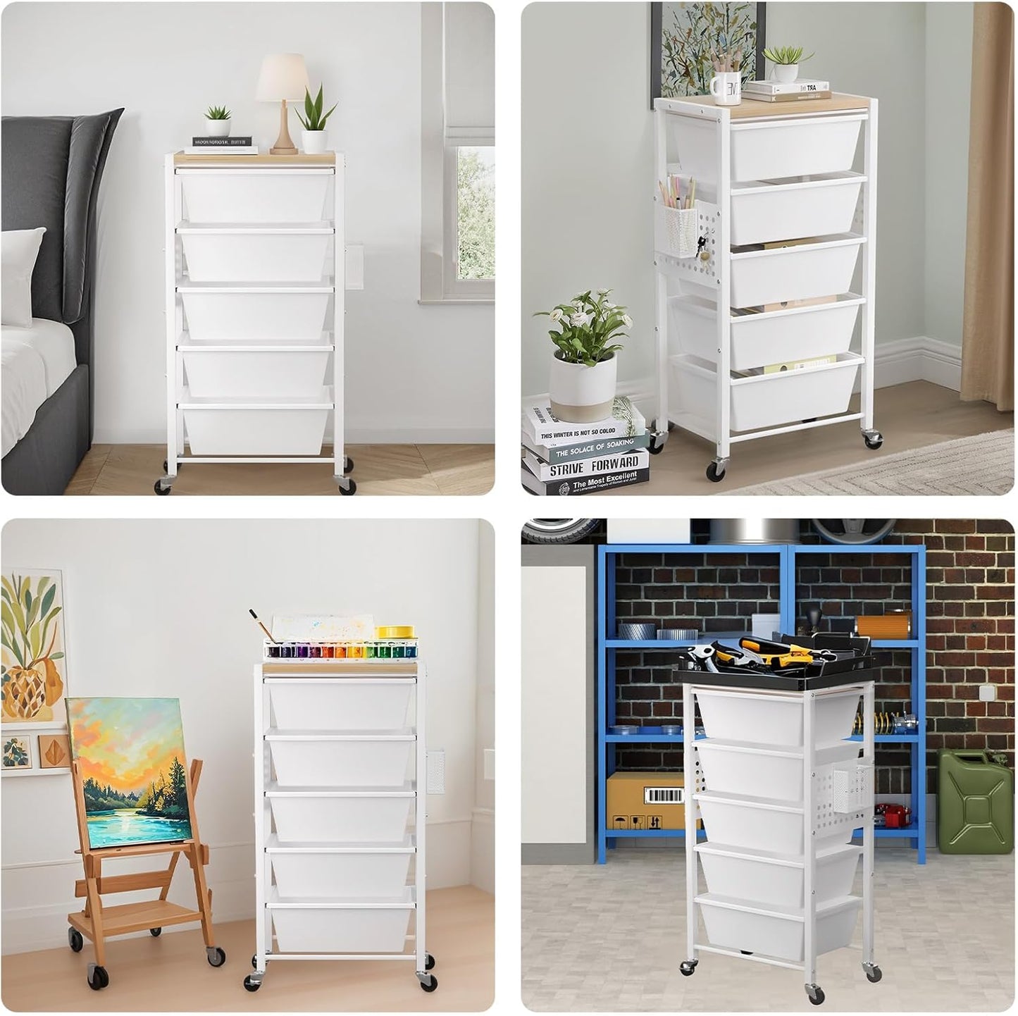 Rolling Cart with 3 Drawers, Plastic Drawer Storage Carts with Lockable Wheels & Wooden Tabletop, Metal Utility Cart Organizer, Office Bedroom Classroom Craft Organization and Storage, Bright White