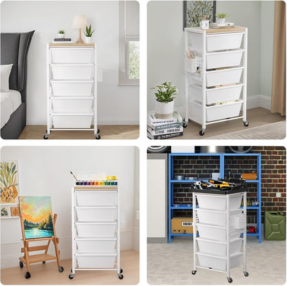 Rolling Cart with 3 Drawers, Plastic Drawer Storage Carts with Lockable Wheels & Wooden Tabletop, Metal Utility Cart Organizer, Office Bedroom Classroom Craft Organization and Storage, Bright White