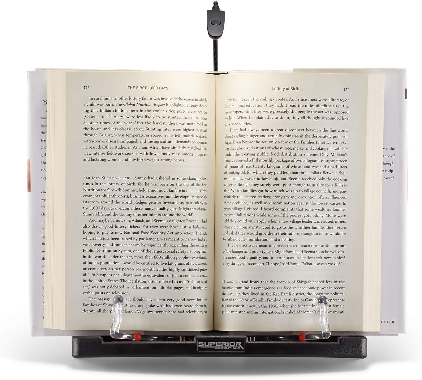 Superior Essentials Book Stand for Reading Hands Free - Recipe Book Cookbook Holder Stand for Kitchen Counter and Page Clips - Ideal for Textbooks, Cookbooks, and Devices