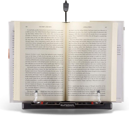Superior Essentials Book Stand for Reading Hands Free - Recipe Book Cookbook Holder Stand for Kitchen Counter and Page Clips - Ideal for Textbooks, Cookbooks, and Devices