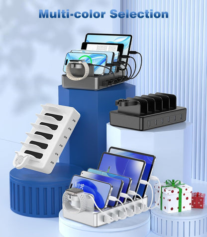 CREATIVE DESIGN Charging Station for Multiple Devices, 50W 6 Ports Charging Dock with 6 Cables Compatible with Cellphone,Tablet, Kindle, Apple Watch and Other Electronic