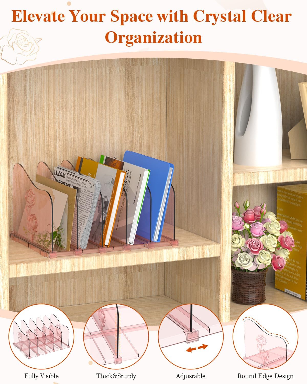 Adjustable Rose File Organizer for Desk, Vertical File Folder Holders for Magazines, Upright Desktop Binder Organizer, Clear Paper Bookshelf Divider File Sorter for School Office Supplies