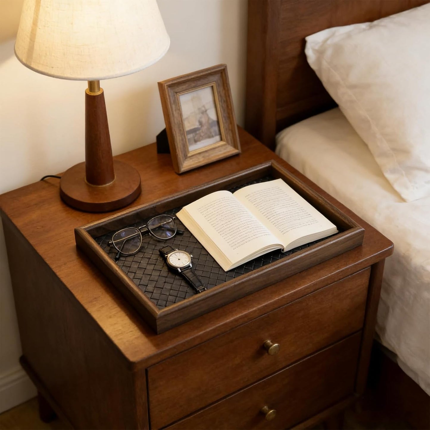 Wooden Valet Tray with Leather Base, EDC Catch All Tray Nightstand Entryway Table Vanity Organizer 11.8x7.9, Black