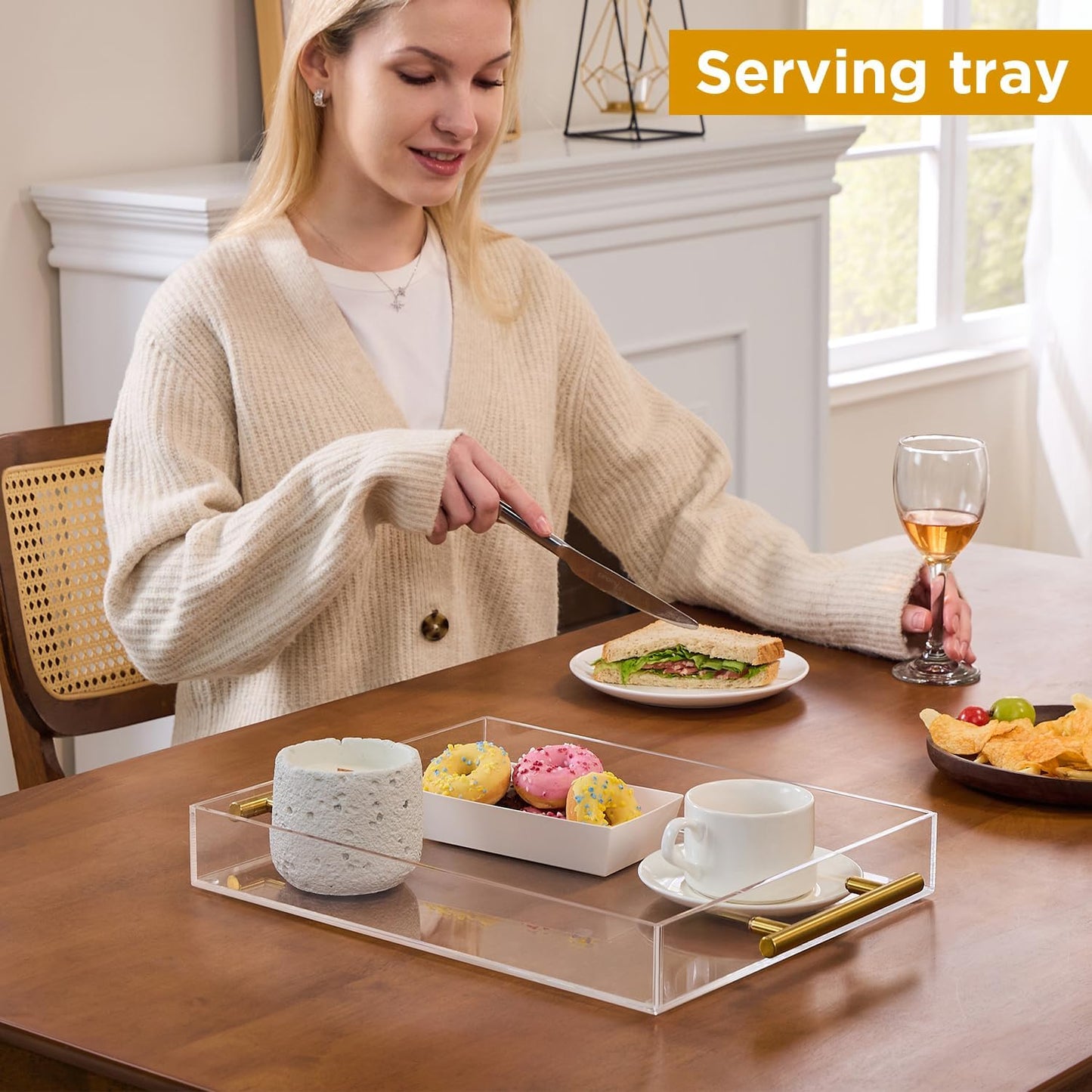 12"x16" Clear Acrylic Serving Tray with Golden Handles, Sturdy Huge Capacity Acrylic Tray for Coffee, Juice, Kitchen and Desk Organizer, Storage Tray (12"x16")