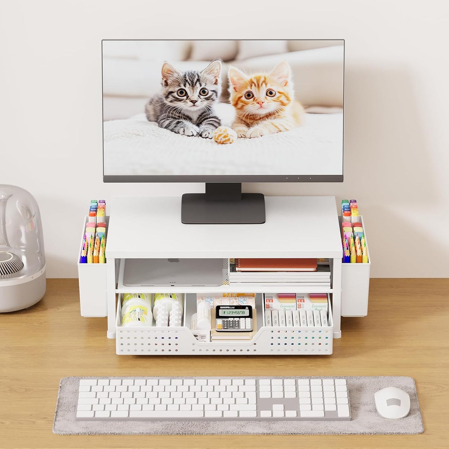 OPNICE Desk Organizers and Accessories, Computer Monitor Stand Riser with Drawer and 2 Pen Holders, Printer & Laptop Stand, Office Desk Accessories & Workspace Organizers for Home Office Supplies, Black