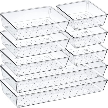 Criusia 6 Pcs Large Size Clear Drawer Organizer Set, Acrylic Non Slip Non Cracking Kitchen Drawer Storage Tray Divider, Multifunctional Storage for Cosmetics, Bathroom, Tools, Kitchen and Office