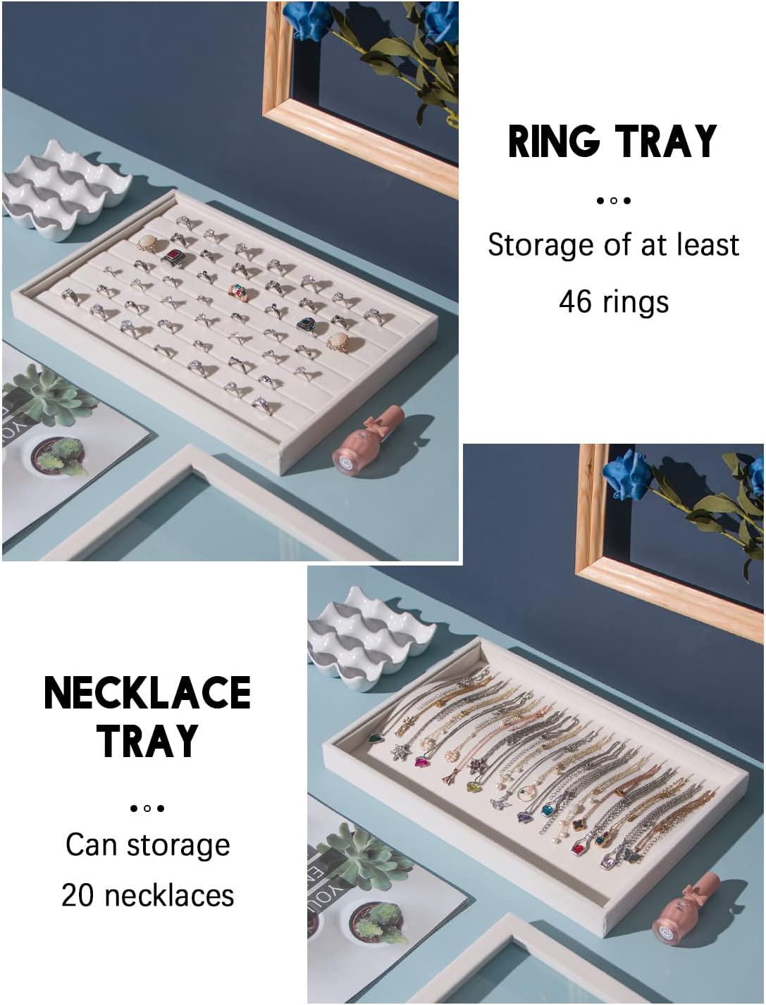 Coward Stackable Jewelry Trays Organizer Set with Clear Lid, Trays for Drawer, Earring Necklace Bracelet Ring Display Organizer (beige(ring+12girds+30girds+The glass lid))