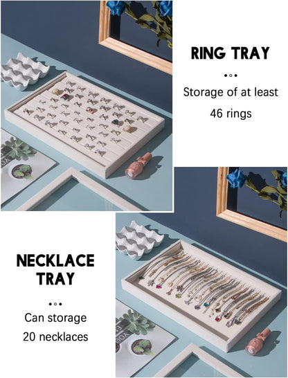 Coward Stackable Jewelry Trays Organizer Set with Clear Lid, Trays for Drawer, Earring Necklace Bracelet Ring Display Organizer (beige(ring+12girds+30girds+The glass lid))
