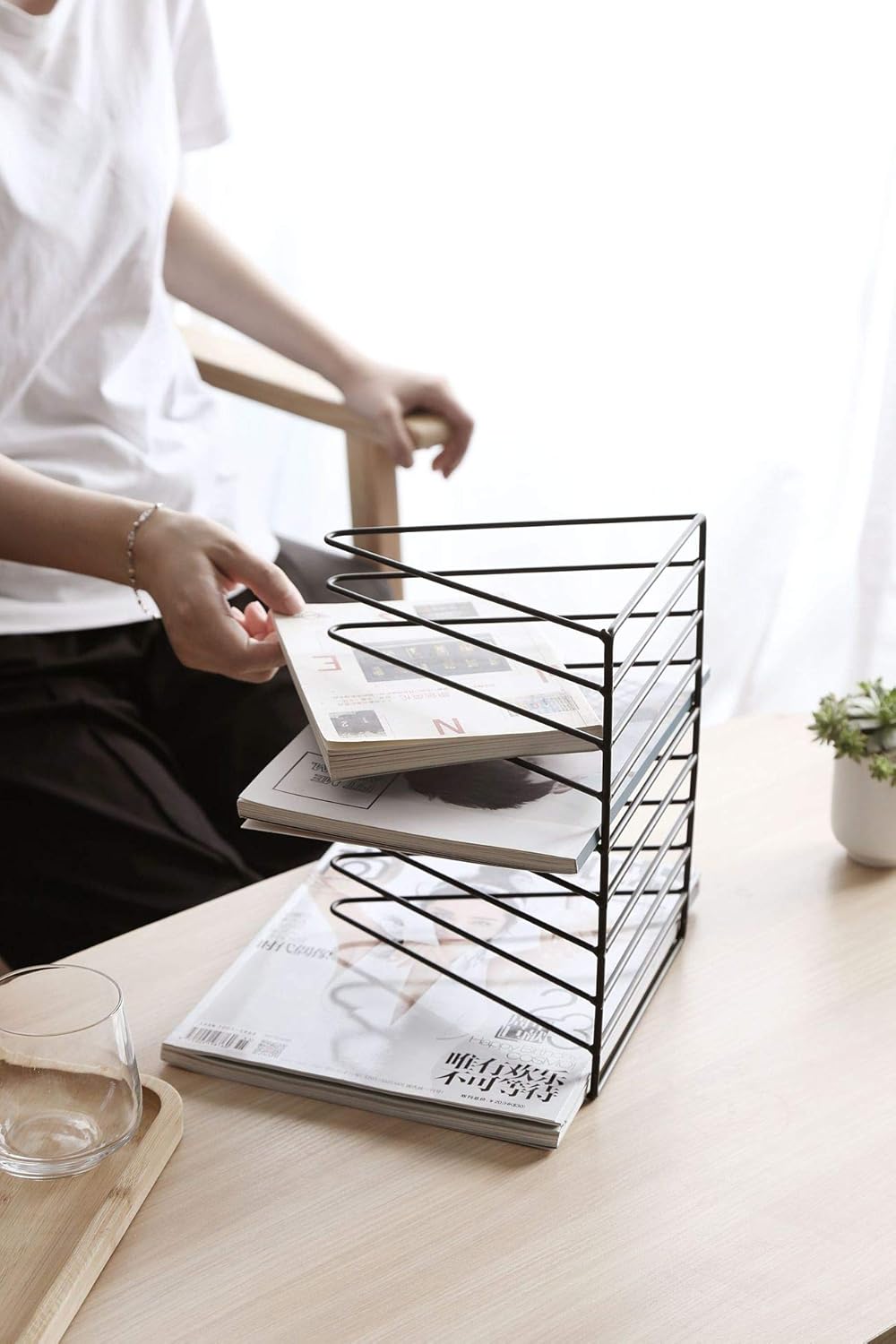 Sooyee 9 Slot Rose Gold Magazine Holder,Desktop File Sorter Organizer Triangle Bookshelf Decor Home Office