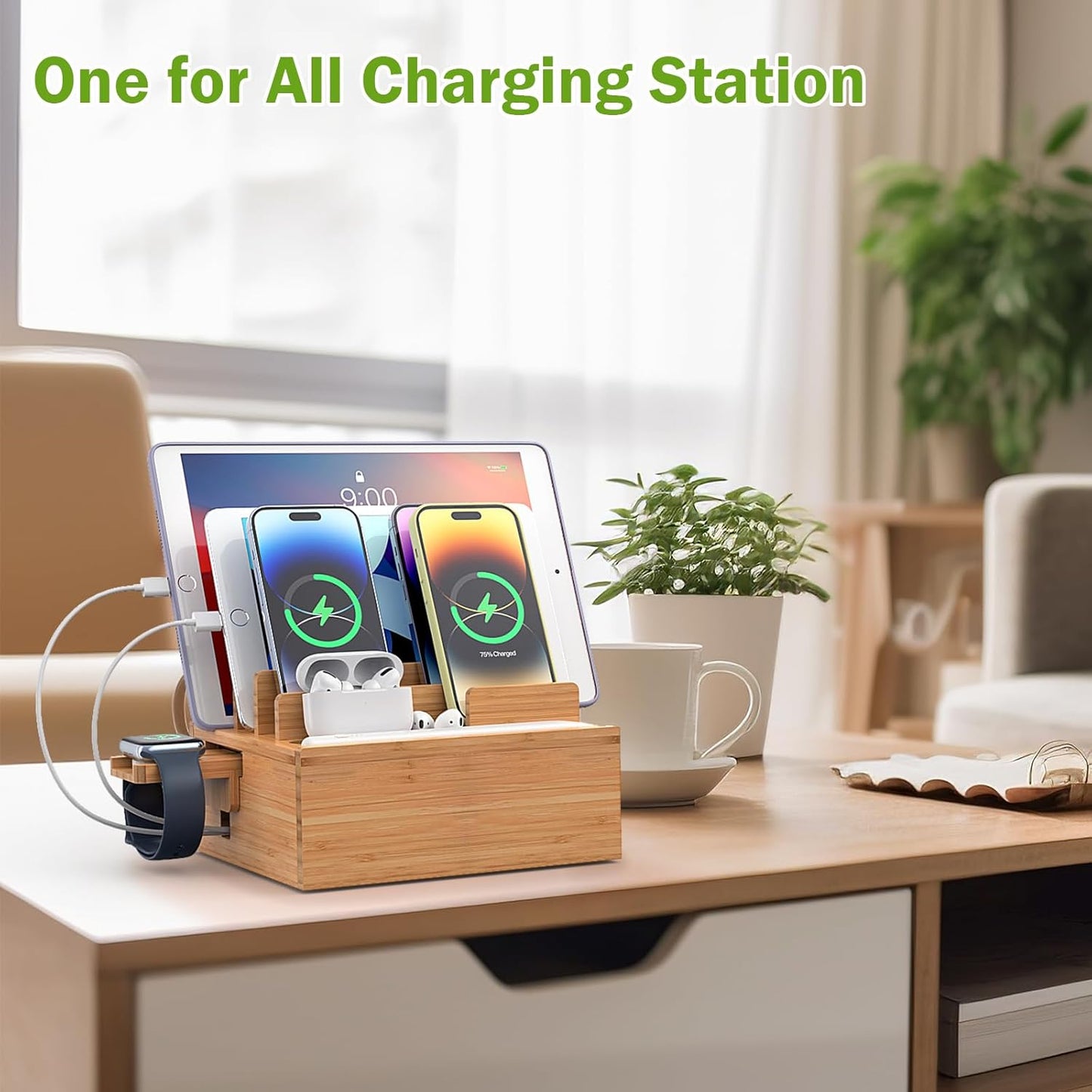 Pezin & Hulin Multi Device Charging Station, with Charger HUB Adapter, All in One Large Dock Organizer with Drawer Storage, Compatible with Phones, Tablets, Earbuds (5 Mixed Cables Included)