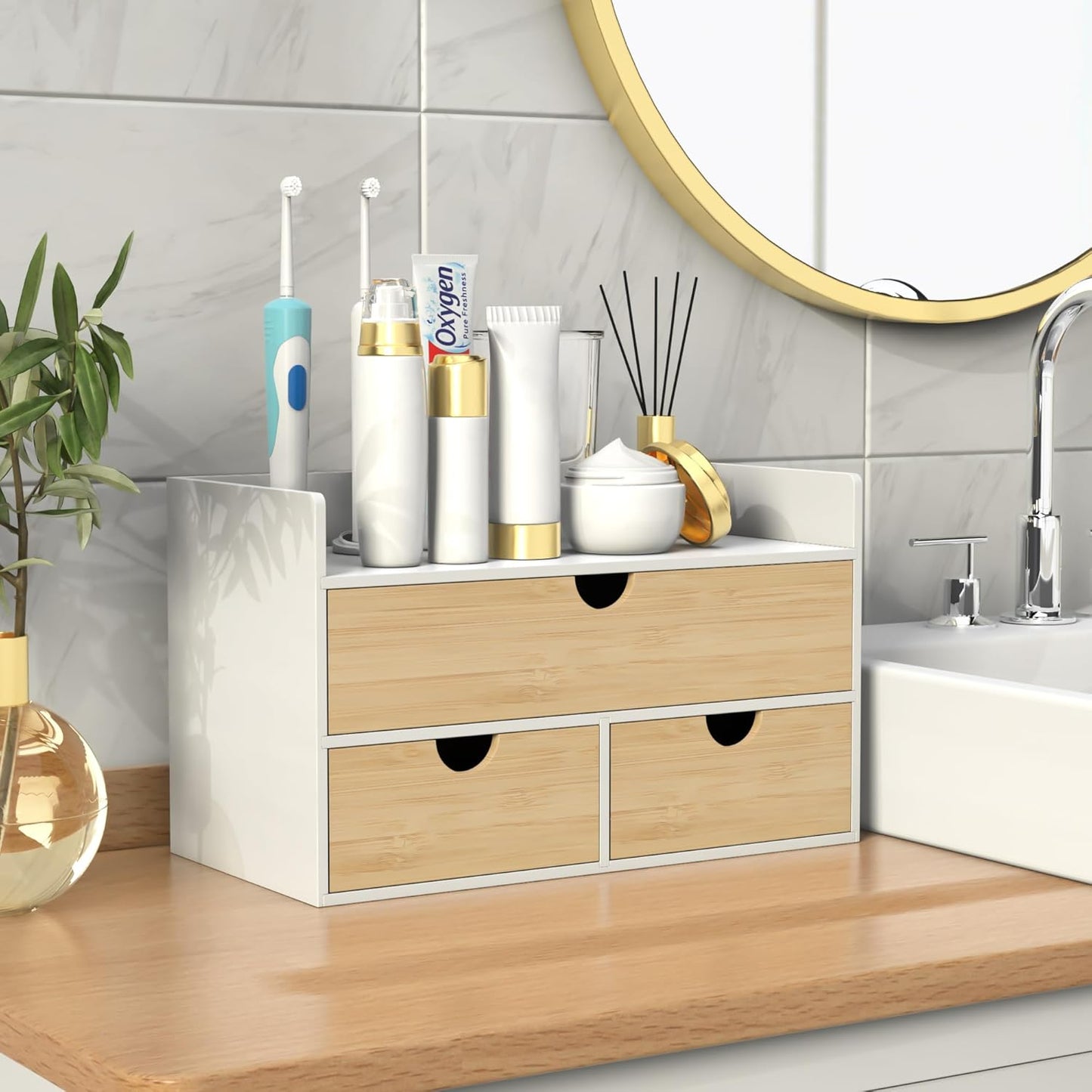 Desk Organizer with Drawers - Bamboo Desktop Organizer Storage | Wood Desk Drawers Organizer for Bills, Office Supplies, Cosmetics, Seals No Assembly Required (3 Drawer with Big Drawer)