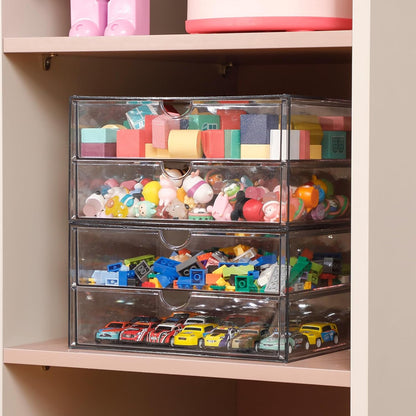 Clear Desk Organizers and Accessories, Plastic Drawer Organizer for Home Office Supplies, Marker Pen, Notebooks, Art Crafts, Stackable Makeup Storage Box for Bathroom Vanity (4 Drawers)