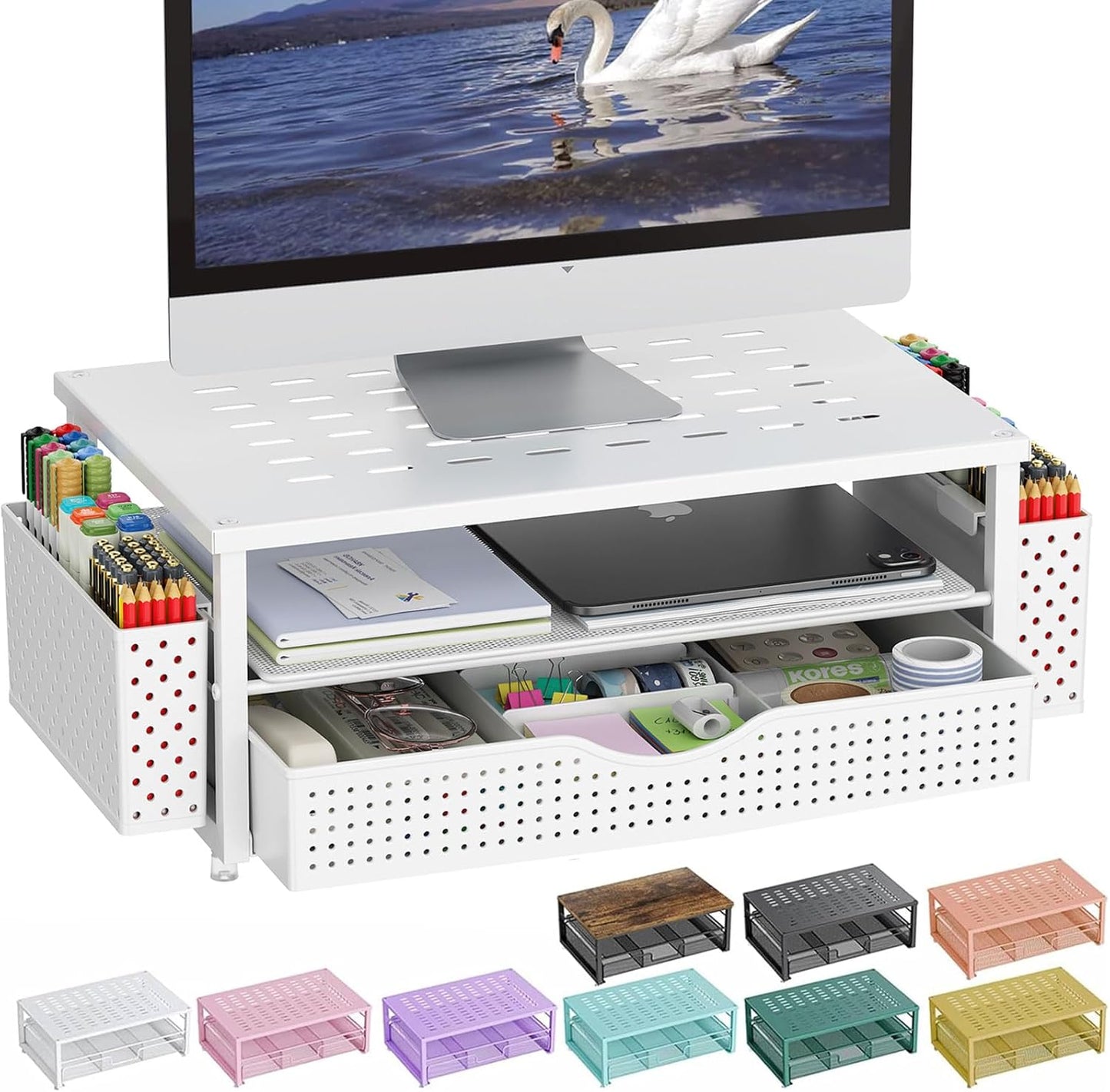 gianotter Wood Monitor Stand Riser, Office Desk Shelf Organizer, Desk Organizer with Drawer and Pen Holder, 2-Tier Computer Stand, Office Organization (Ink)