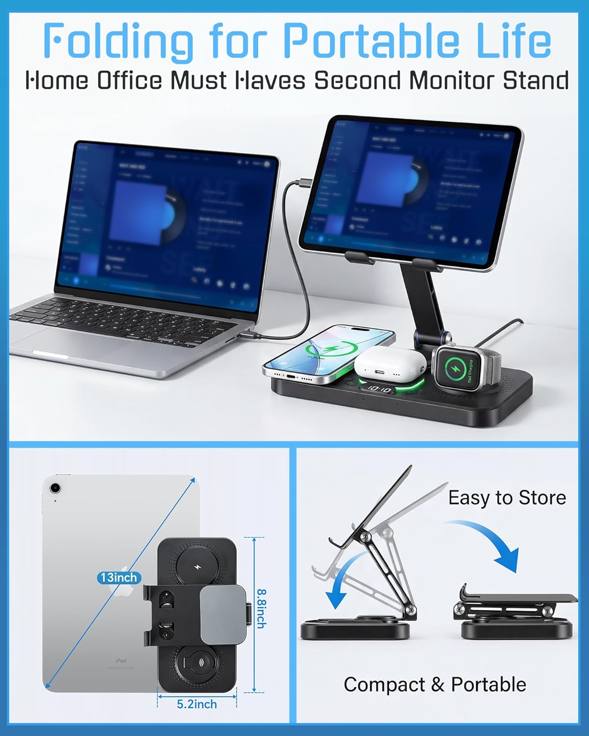 6 in 1 Charging Station for Apple Multiple Devices, Wireless Charging Station with Clock & 7 RGB Light, Foldable Wired Chargers for Multiple Devices for iPhone 17/16/15, iPad, Apple Watch, AirPods