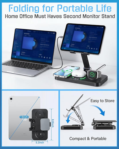 6 in 1 Charging Station for Apple Multiple Devices, Wireless Charging Station with Clock & 7 RGB Light, Foldable Wired Chargers for Multiple Devices for iPhone 17/16/15, iPad, Apple Watch, AirPods