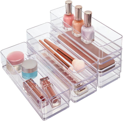 STORi SimpleSort 6-Piece Stackable Clear Drawer Organizer Set | 12" x 3" x 2" Rectangle Trays | Narrow Makeup Vanity Storage Bins and Office Desk Drawer Dividers | Made in USA