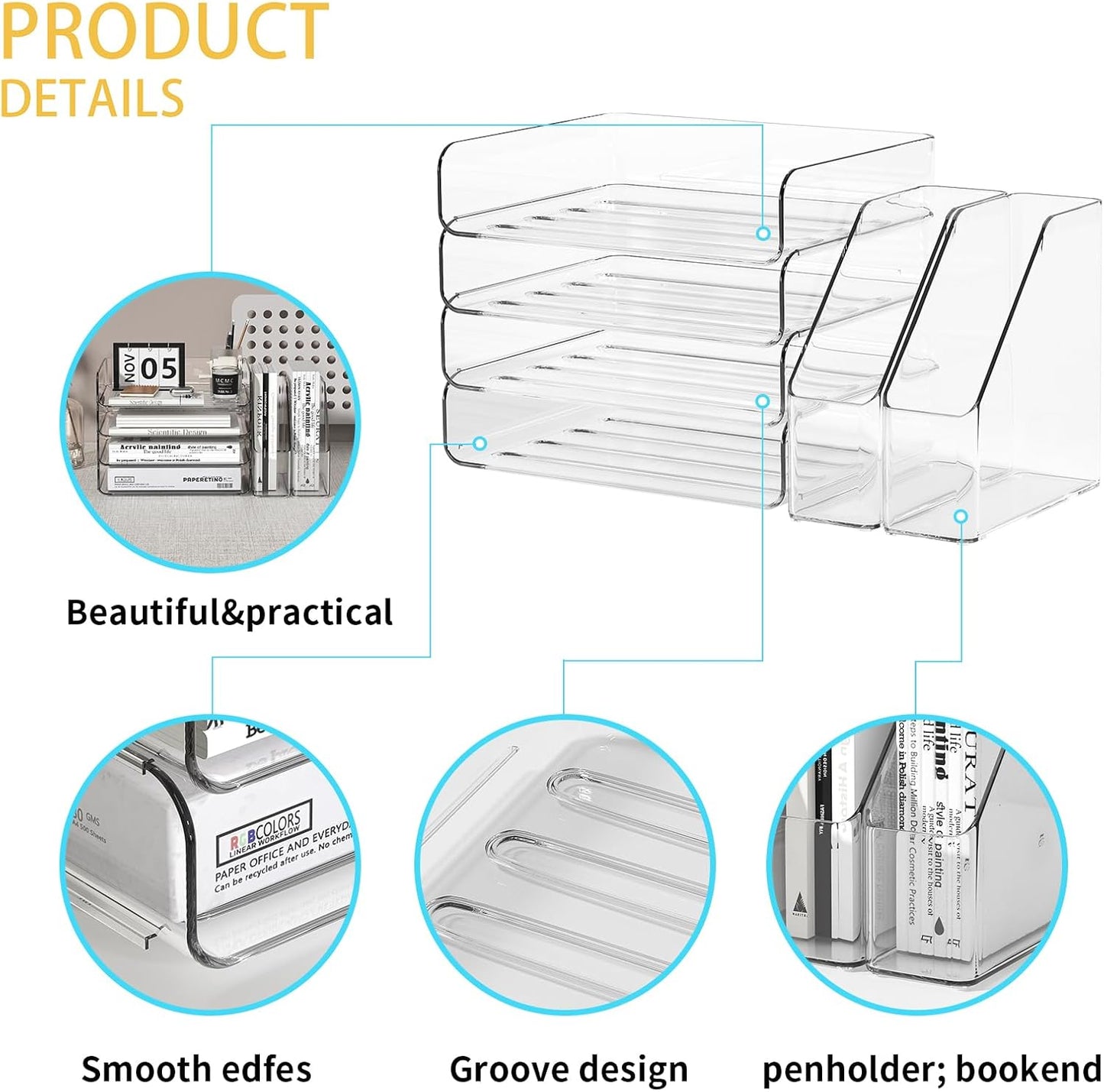 FANXIYQ 4-Tier Horizontal Acrylic Paper Tray Organizer with Bookends | Clear Stackable Desk Organizer for Documents, Letters, A4 Paper | Modern Office/Classroom/Home Organization