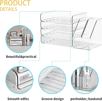 FANXIYQ 4-Tier Horizontal Acrylic Paper Tray Organizer with Bookends | Clear Stackable Desk Organizer for Documents, Letters, A4 Paper | Modern Office/Classroom/Home Organization