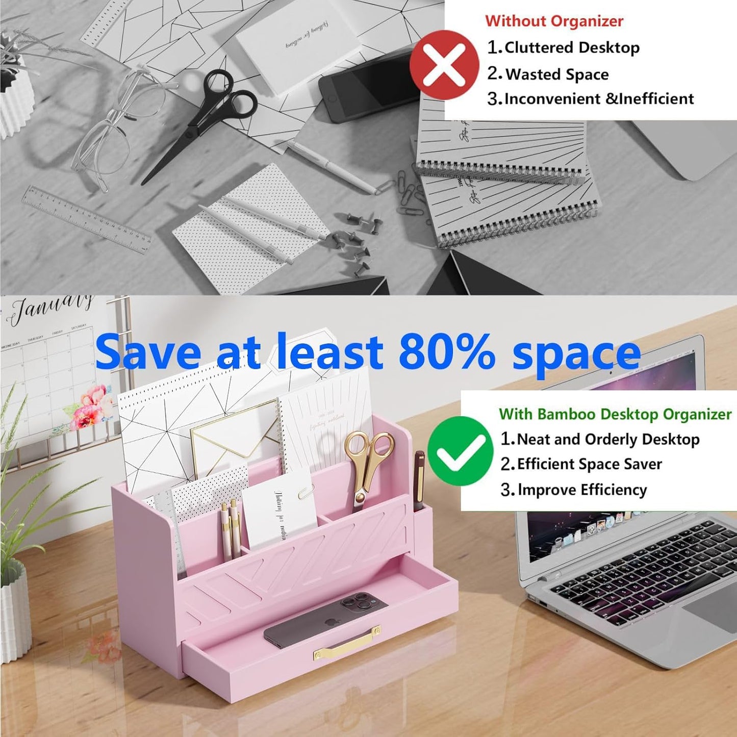 WISUCART Bamboo Desk Organizer Mail Holder Countertop Wood Desk Drawer Tabletop Storage Box Pen Holder Letter Sorter Makeup Organizer for School Home Office Supplies with Pen Holder White