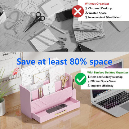 WISUCART Bamboo Desk Organizer Mail Holder Countertop Wood Desk Drawer Tabletop Storage Box Pen Holder Letter Sorter Makeup Organizer for School Home Office Supplies with Pen Holder White