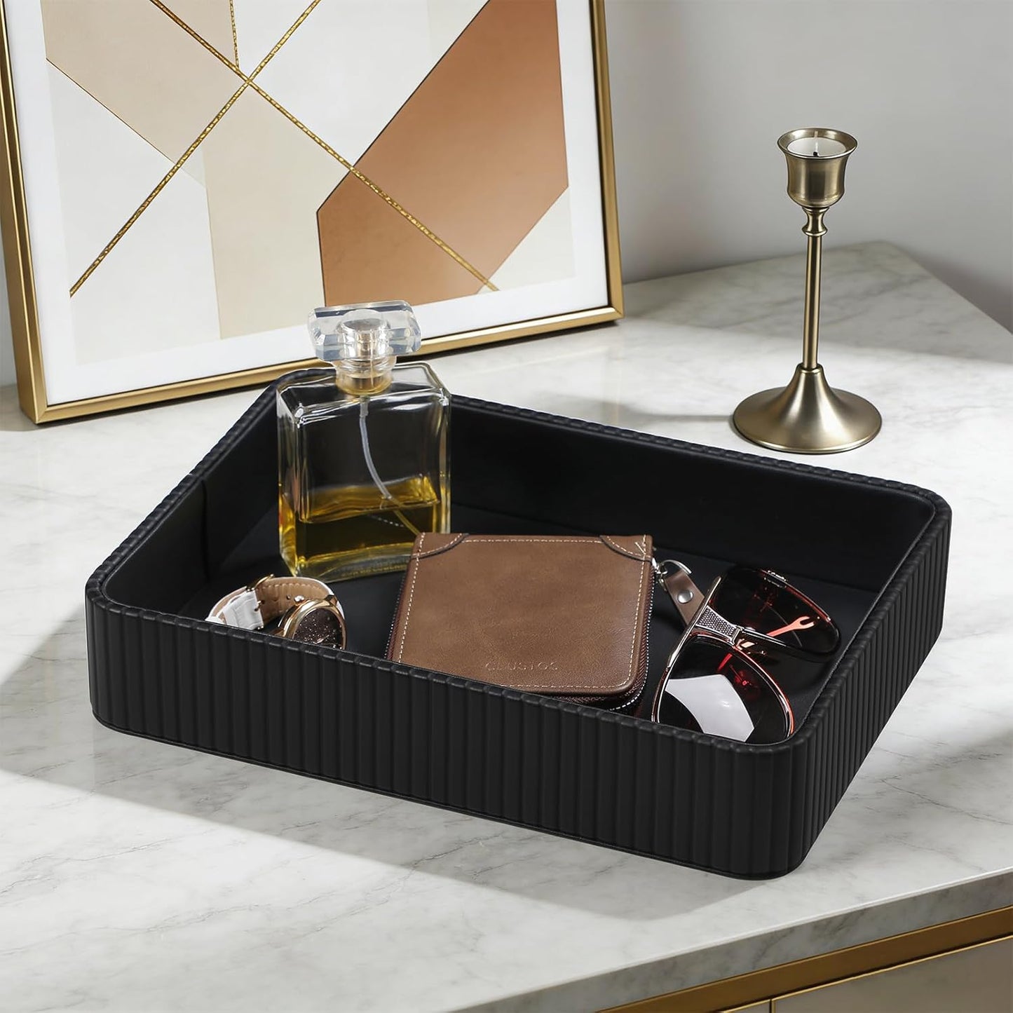 Desk Organizer Tray, PU Leather Nightstand Organizer Perfume Valet Tray for Men Women, Decorative Vanity Trays Trinket Dish Key Bowl for Entryway Table (2pcs, Ivory, Large+Small)
