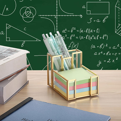 BTSKY Golden Glass 3x3 Inch Sticky Note Holder with Pen Slot, Elegant Post It Note Dispenser with Non-Slip Pads Clear Notepad Holder for Desk Organization Planning, Home Office Decor