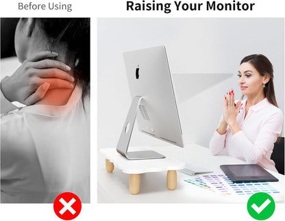 AFOOYO Monitor Stand Riser, Cookie-Shaped Sturdy Wood Computer Monitor Stand for Desk, Ergonomic Desk Stand, Multi-Purpose Desktop Organizer Riser for Computer, Laptop, Printer, TV,White