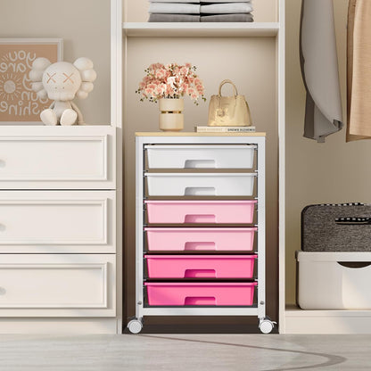 SYKIARIOL Rolling Storage Utility Cart with 6 Drawers and Wooden Tabletop for Under Desk Storage,White