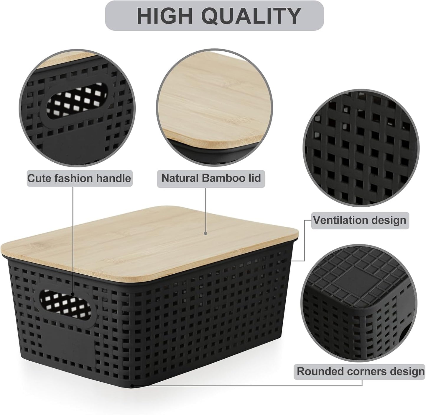 Bagnizer Small Plastic Storage Bins with Bamboo Lids 5.2qt Stackable Box Basket Pantry Decorative Containers Cute with Labels for Organizing Desktop Closet Office Cream White of 6 packs 10*7.2*4.1"