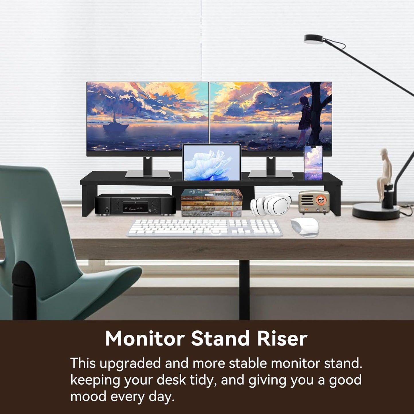 Qupui Computer Monitor Stand Riser with Drawer and Pen Holders, Desk Organizer Shelf and Accessories, Office Desk Accessories, Office Organization, Black