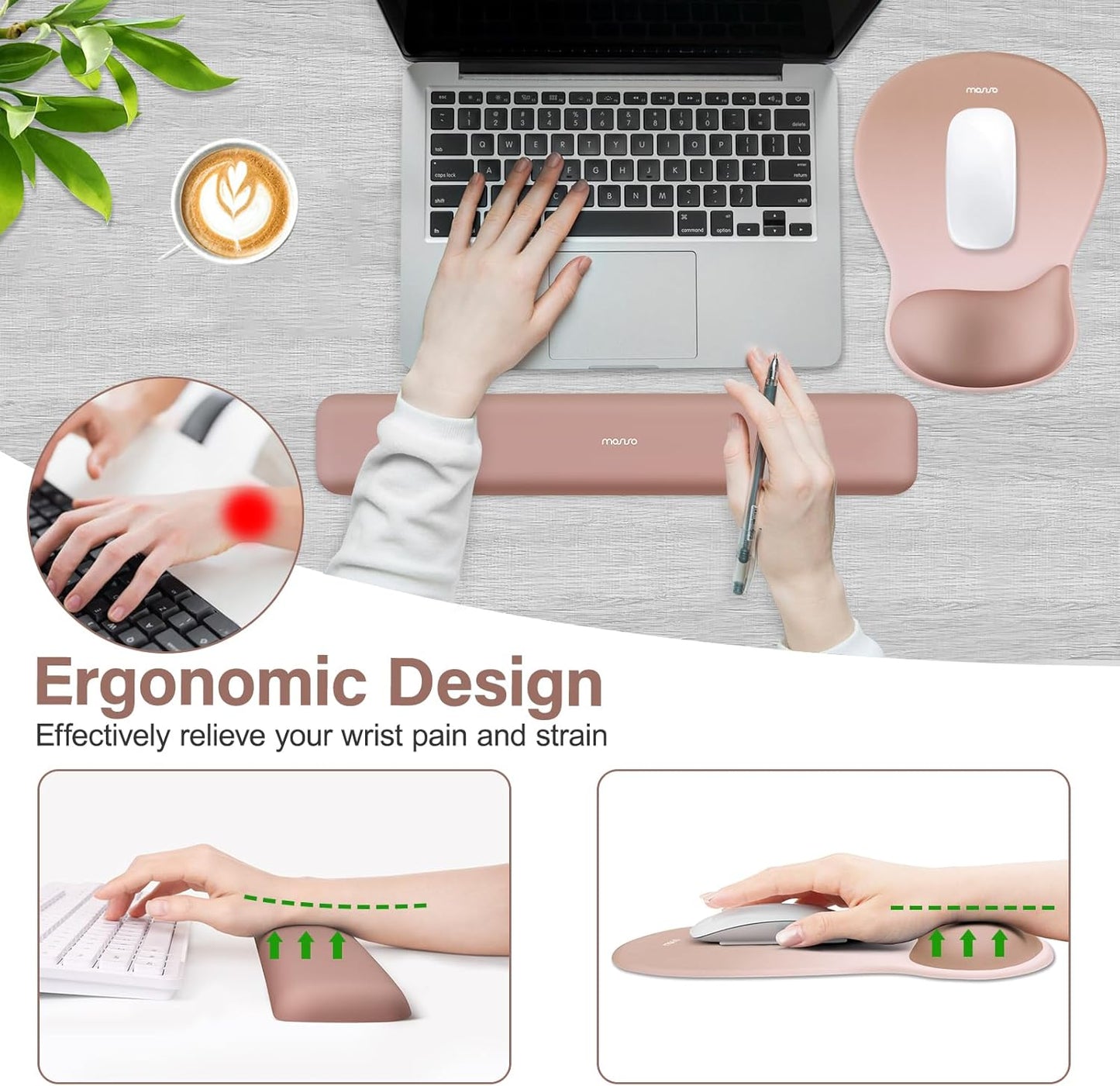 MOSISO Wrist Rest Support for Mouse Pad&Keyboard Set, Ergonomic Mousepad with Concave Curved Memory Foam, Non-Slip Base Pain Relief Comfortable Rectangular Easy Typing Pad for Home/Office, Brown