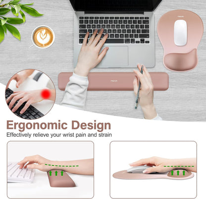 MOSISO Wrist Rest Support for Mouse Pad&Keyboard Set, Ergonomic Mousepad with Concave Curved Memory Foam, Non-Slip Base Pain Relief Comfortable Rectangular Easy Typing Pad for Home/Office, Brown