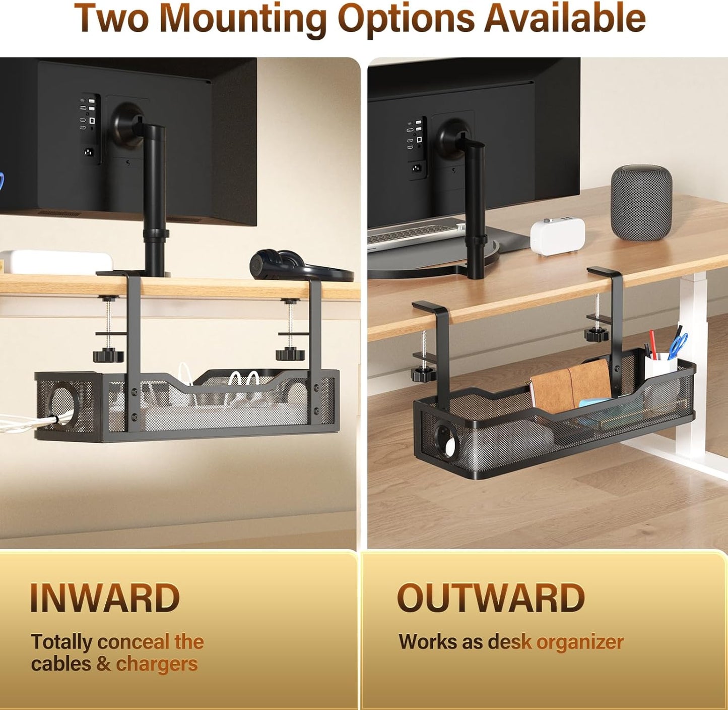 Under Desk Cable Management Tray White, Cinati Wire Organizers No Drill, Cable Tray with Clamp for Wire Management, Cord Organization Box for Office, Home - No Damage to Desk