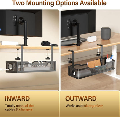 Under Desk Cable Management Tray White, Cinati Wire Organizers No Drill, Cable Tray with Clamp for Wire Management, Cord Organization Box for Office, Home - No Damage to Desk