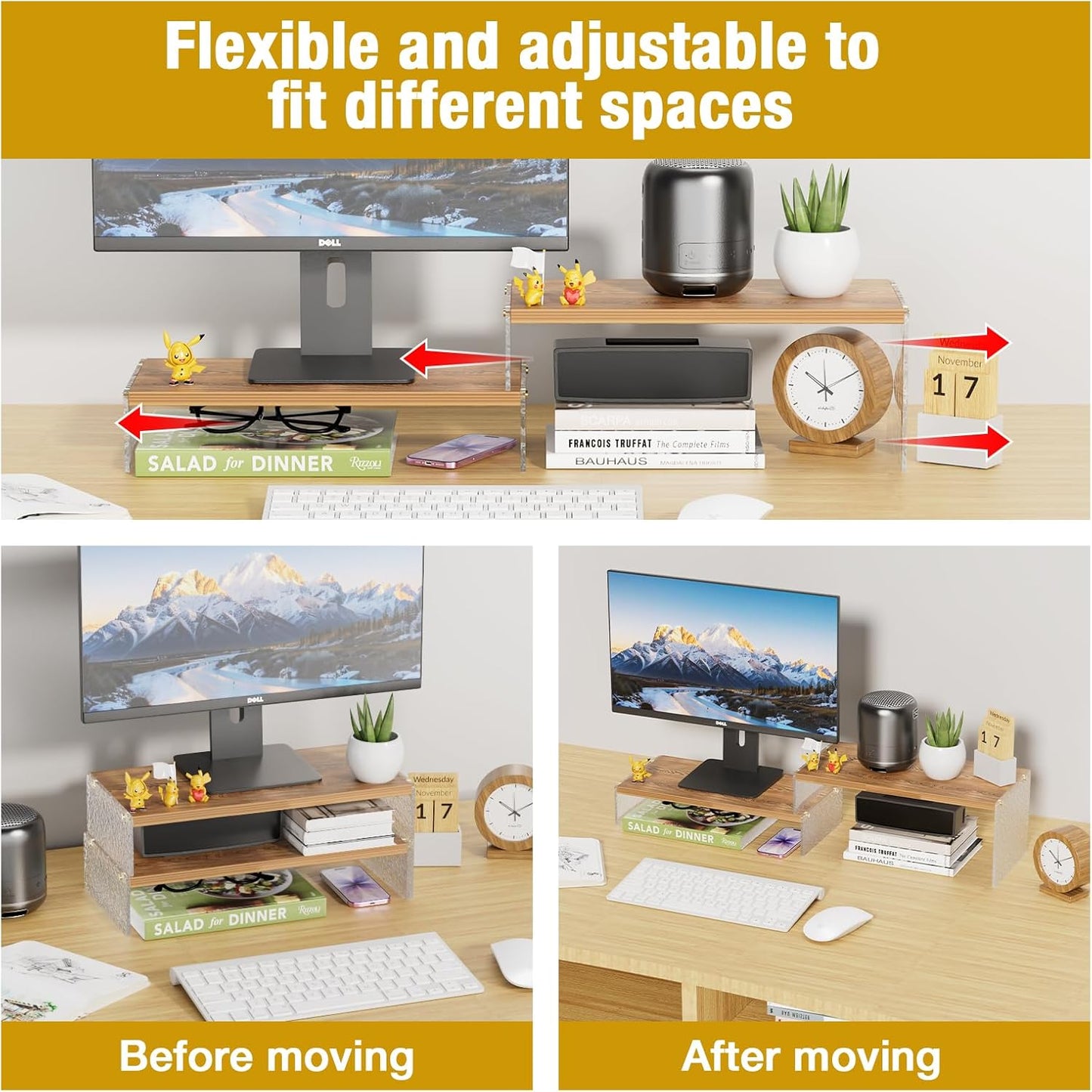 YGYQZ Adjustable Monitor Stand Riser with Acrylic Legs丨7.67" Wide Dual Monitor Stand for Desk丨2-Tier Wood Desktop Organizer for Computer, Laptop, Printer & PC丨Modern Aesthetic Desk Shelf(wood-flat)