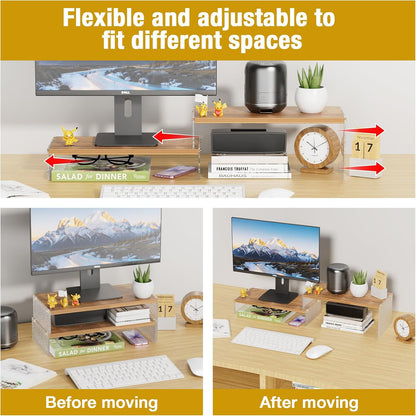 YGYQZ Adjustable Monitor Stand Riser with Acrylic Legs丨7.67" Wide Dual Monitor Stand for Desk丨2-Tier Wood Desktop Organizer for Computer, Laptop, Printer & PC丨Modern Aesthetic Desk Shelf(wood-flat)