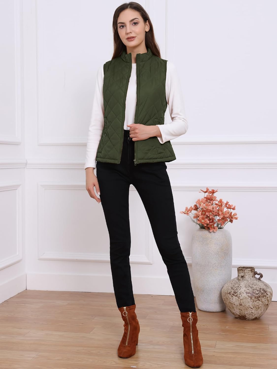 Allegra K Women's Puffer Vest Stand Collar Lightweight Gilet Quilted Zip Vest