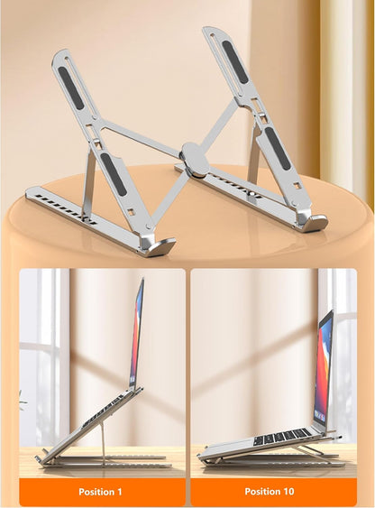 10 Positions Adjustable Aluminum Alloy Laptop Stand, Foldable Portable Holder with Hollow Heat Dissipation & Non-Slip Silicone, Collapsible Ergonomic for 17.3 Inch Below Laptops/Tablets (Silver)