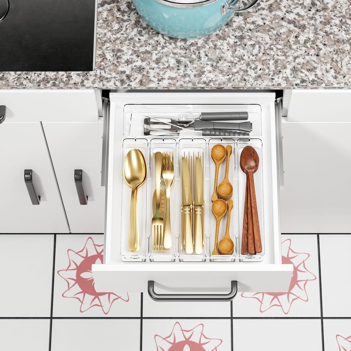 Clear Silverware Organizer for Kitchen Drawers,BPA Free Cutlery Drawer Organizer,6 Slots Plastic Utensils Organizer Suitable as In-Drawer Silverware Holder and Tray,Flatware,Knife,Fork,Spoon Organizer