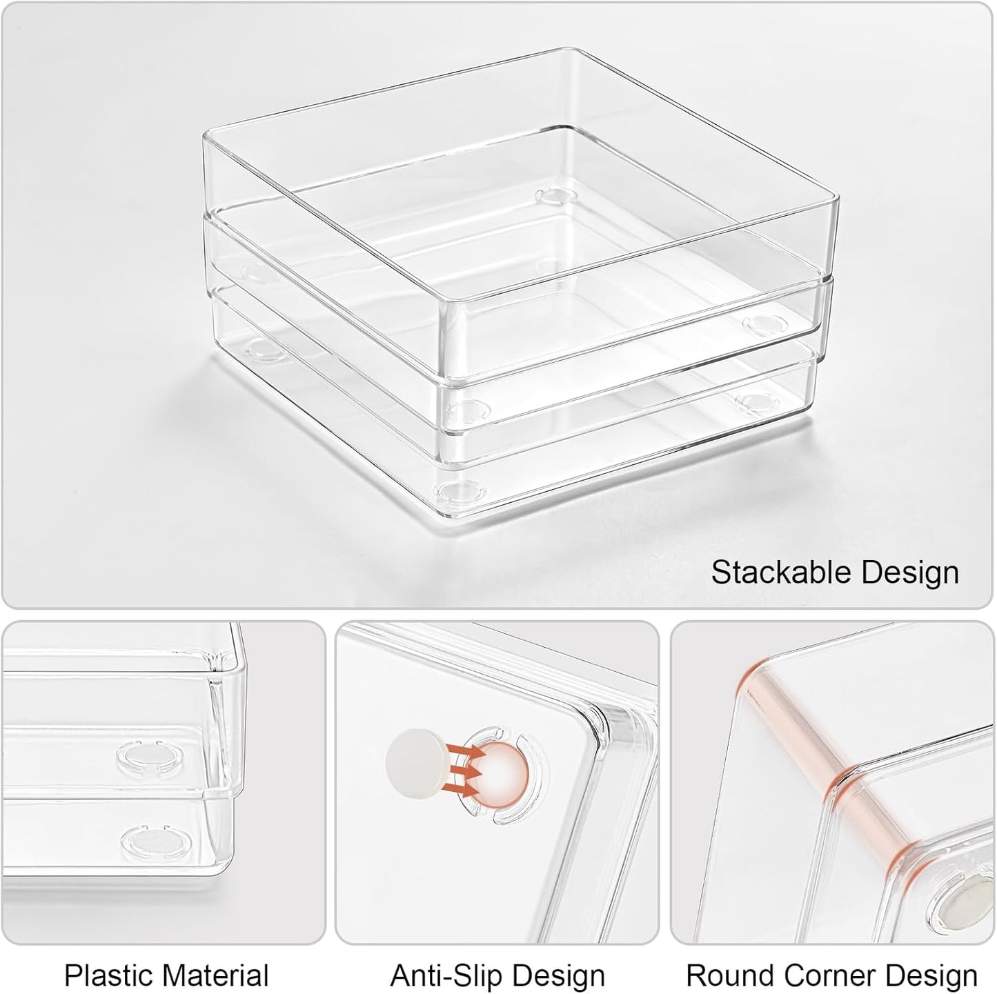 SMARTAKE 6 PCS Clear Plastic Drawer Organizers Set, Large Size Non-Slip Desk Drawer Organizer, Versatile Bathroom and Vanity Drawer Organizer Trays for Makeup, Bedroom, Office, Kitchen Utensils
